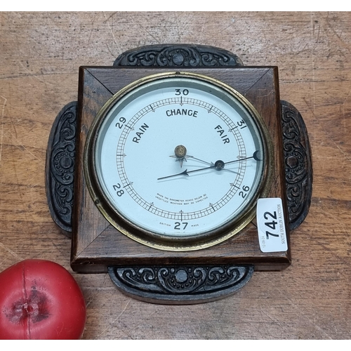 742 - A handsome vintage wall mounted wooden barometer.