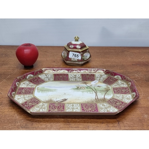 765 - A Japanese Noritake hand painted porcelain vanity tray and lidded pot. With wonderful Dutch inspired... 