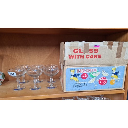 801 - A gorgeous set of six Babycham coup glasses all featuring a gilt gold rim, branding name and logo. C... 