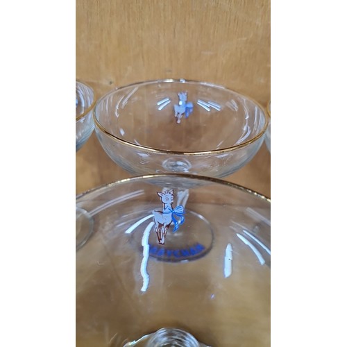 801 - A gorgeous set of six Babycham coup glasses all featuring a gilt gold rim, branding name and logo. C... 