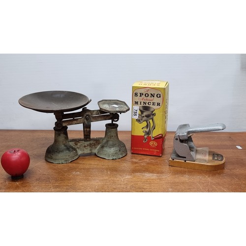 755 - Three vintage items including a weighing scales, a Bullfinch 62 punch and a spong guaranteed mincer.