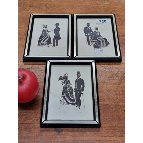 728 - A series of three 'E Heasley' chromolithograph prints. Features black silhouetted couple figures. Sl... 