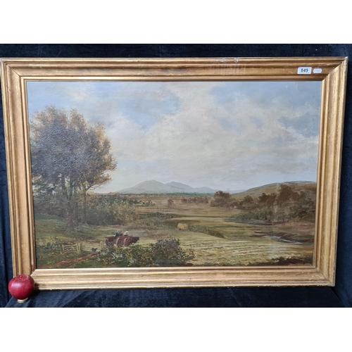 849 - A large original oil on canvas painting. Features a quaint countryside landscape scene with figures ... 