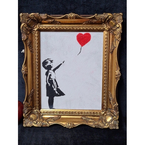 852 - An original oil on board painting after Banksy's mural titled 'Girl with Balloon'. Features a young ... 