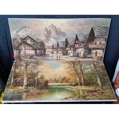 855 - Two sweet large original oil on canvas paintings. Features a serene autumnal landscape scene and a q... 