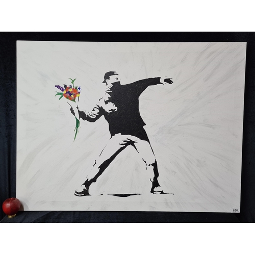 856 - A large oil on canvas painting after Banksy's mural titled 'The Flower Thrower' or 'Love is in the A... 