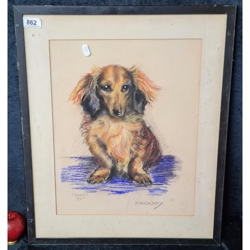 862 - A very adorable 'T. Panet' chalk pastel on paper painting / drawing titled 'Snoopy'. Features a port... 