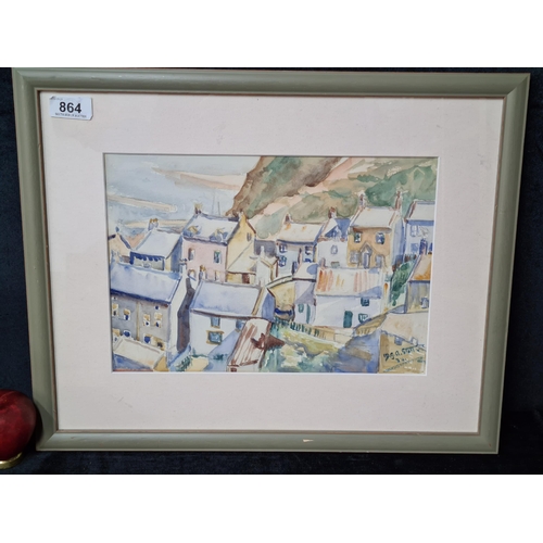 864 - A delightful original watercolour on paper painting. Features a bay scene with perched houses. Rende... 