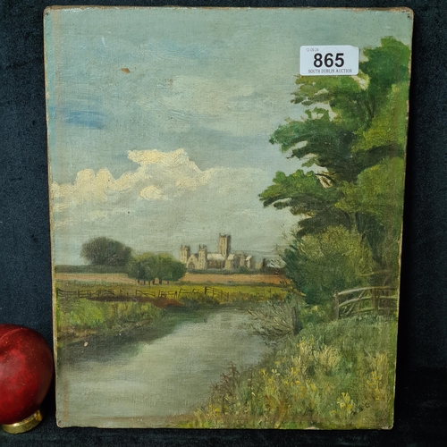 865 - A charming original oil on canvas painting. Features a quaint countryside landscape scene with a chu... 