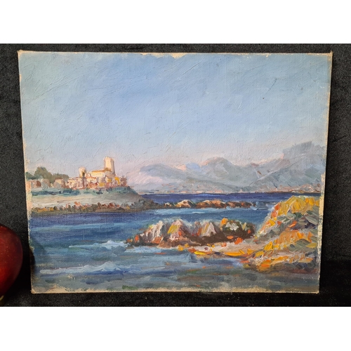 866 - A lively original oil on board painting. Features a coast landscape scene. Rendered in impressionist... 