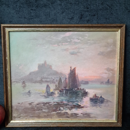 868 - A beautiful oil on board painting. Features a nautical scene with a a castle in distance. Rendered i... 