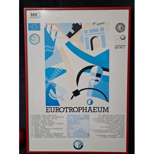 869 - A print / poster of 'Eurotrophaeum Ottantanni Alfa Romeo'. Housed in a red frame behind glass.