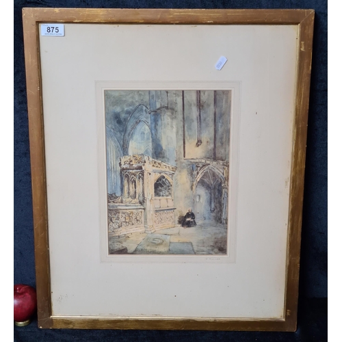 875 - Star Lot: A wonderful watercolour on paper painting. Features an Interior of a Church with a seated ... 