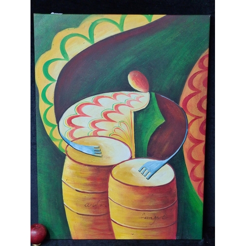 879 - A large abstract oil on canvas painting. Features a bongo player on drums with spatula like hands. R... 