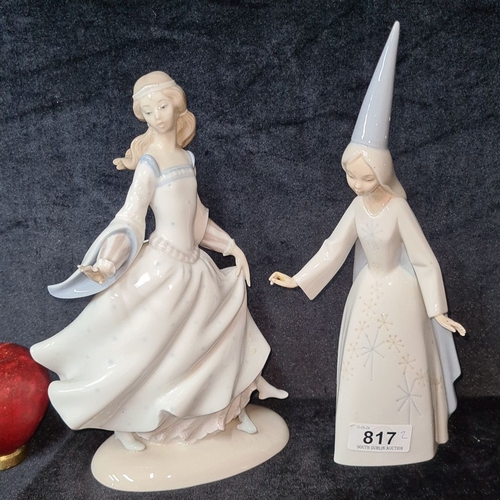 817 - Two lladro Porcelain figurines feature two women in flowing gowns, one with a long headdress, execut... 