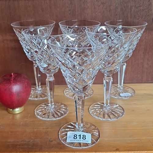 818 - Set of six Waterford crystal wine glasses with an intricate diamond cut pattern. Signed on base.