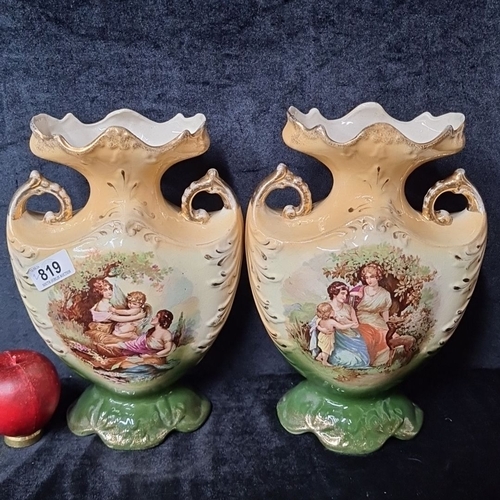 819 - Pair of Victorian porcelain vases with hand-painted pastoral scenes, ornate handles, and scalloped r... 