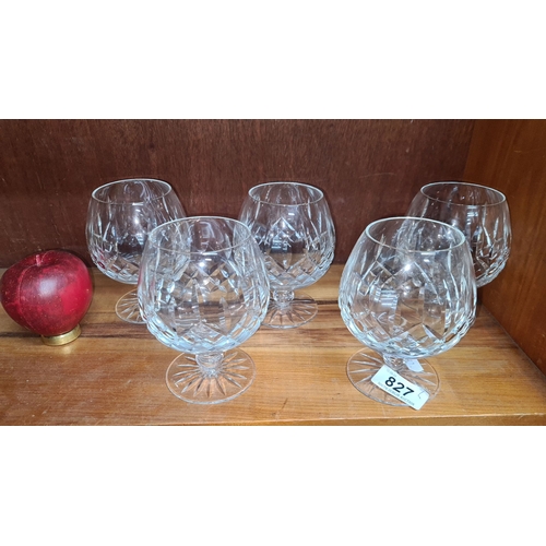 827 - Set of five crystal cut glass brandy snifters with a diamond and fan pattern design.