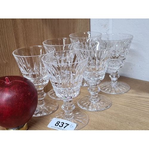 837 - Set of six Waterford crystal wine glasses with intricate cut designs and etched bases bearing the Wa... 