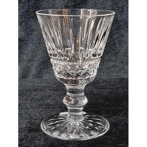 837 - Set of six Waterford crystal wine glasses with intricate cut designs and etched bases bearing the Wa... 