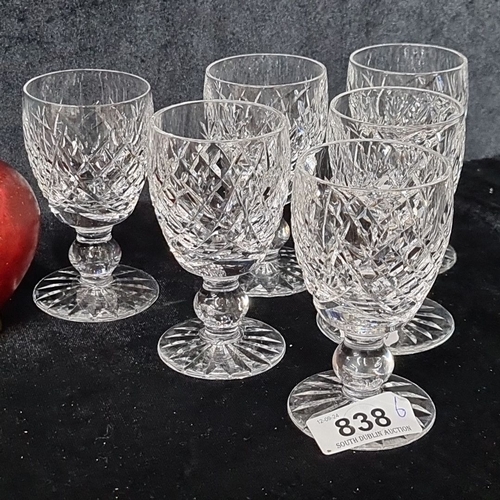 838 - Set of six Waterford crystal stem glasses with intricately cut patterns and marked 