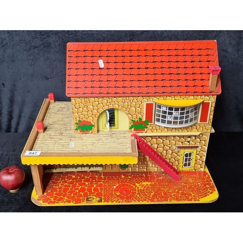 847 - Vintage wooden dollhouse with colorful lithograph details, featuring a red tiled roof, terrace, and ... 