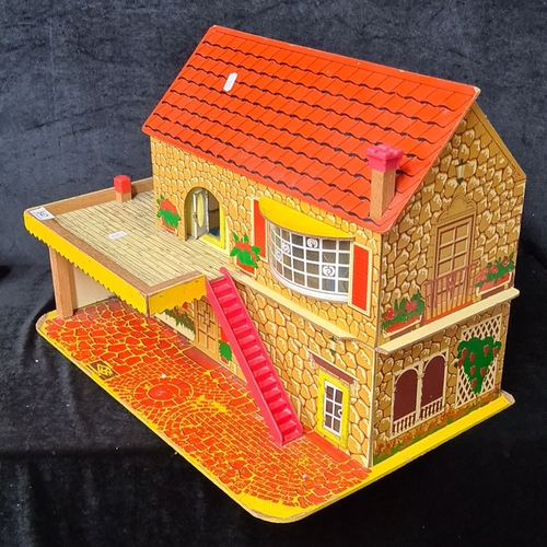 847 - Vintage wooden dollhouse with colorful lithograph details, featuring a red tiled roof, terrace, and ... 