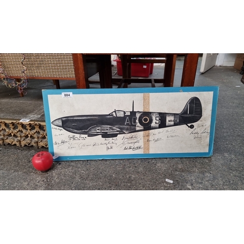 884 - Star Lot : An original print of a Spitfire aircraft, featuring multiple hand signed signatures of sp... 