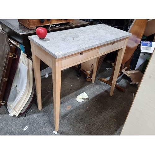 889 - Maple side table with marble top, featuring two drawers and tapered legs. The marble top comes off.