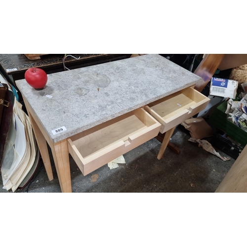 889 - Maple side table with marble top, featuring two drawers and tapered legs. The marble top comes off.