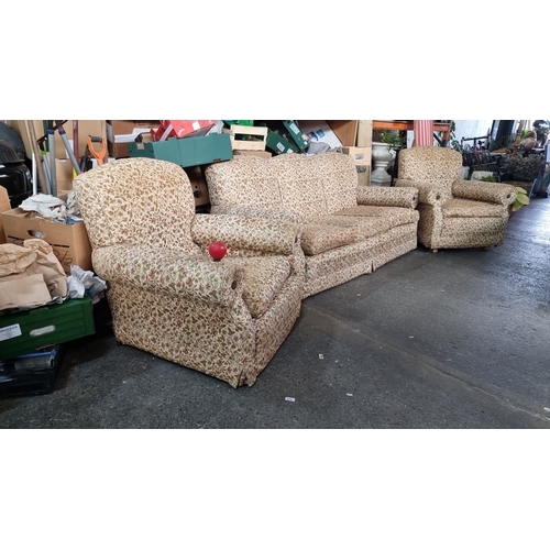 892 - Star lot : Vintage upholstered art deco living room suite, comprising three-seater sofa and two armc... 