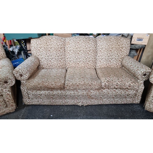 892 - Star lot : Vintage upholstered art deco living room suite, comprising three-seater sofa and two armc... 