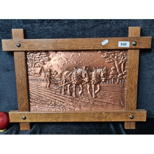 848 - A 3D copper embossed panel. Features a countryside farm scene with horses and a cottage in distance.... 