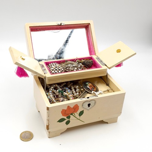 989 - A very pretty vintage jewellery box full of unchecked jewellery.