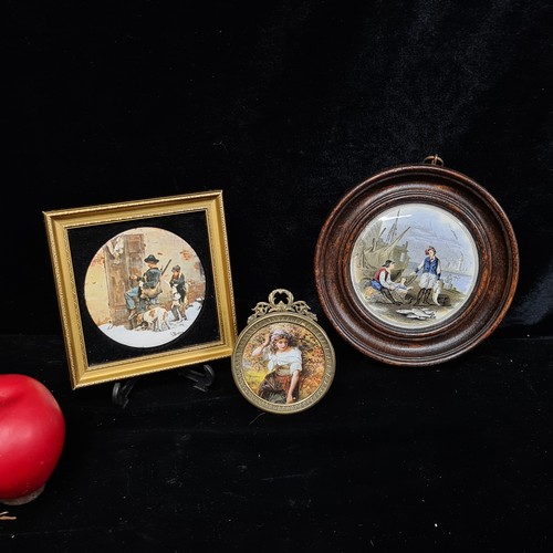 575 - Three miniature prints. Including a beautiful round ceramic print tile titled 