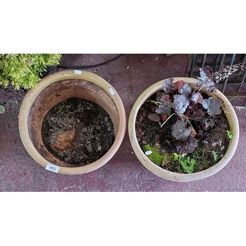 903 - Pair of terracotta garden plant pots, one with foliage.