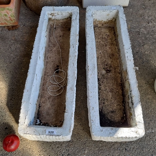 920 - Pair of vintage rectangular white concrete planters with textured exteriors.