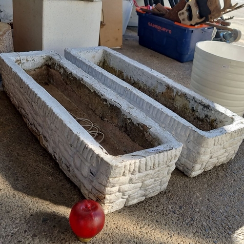 920 - Pair of vintage rectangular white concrete planters with textured exteriors.