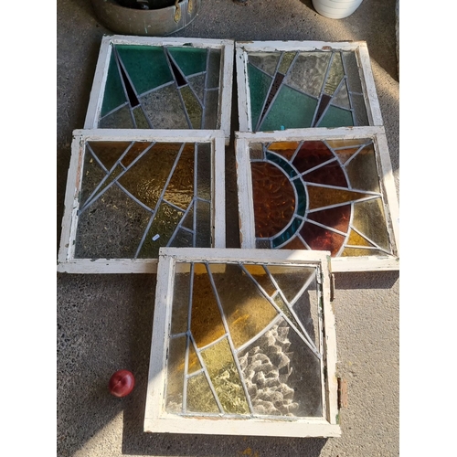 926 - Star lot : Set of five vintage stained glass window panes featuring geometric designs in varied colo... 