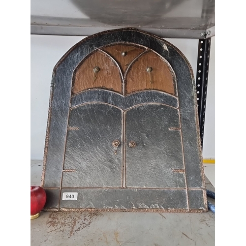 940 - Vintage leather and slate wall hanging with arched design and dual clock mechanisms. Distressed deta... 