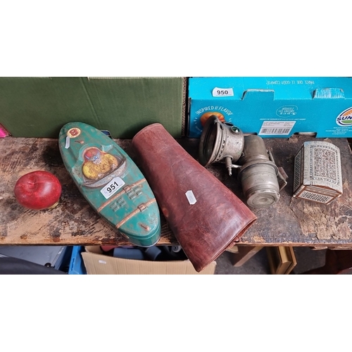 951 - Vintage tin , leather carrying case, carbide bicycle lamp, wooden inlay box with red velvet lining.