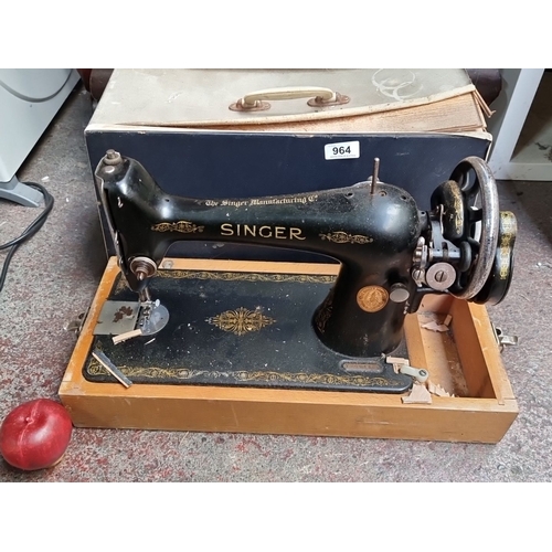 964 - Vintage Singer hand-crank sewing machine, black with gold decorative accents. Serial number Y9061350... 