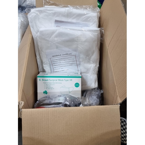 1085 - A large box of PPE gear including isolation gowns, boxes of surgical face masks and protective goggl... 