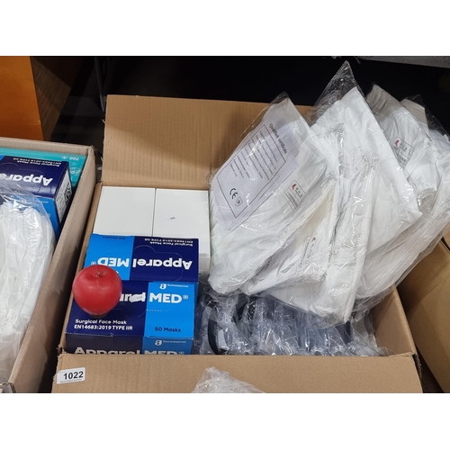 1086 - A large box of PPE gear including isolation gowns, boxes of surgical face masks and protective goggl... 