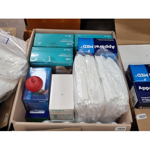 1087 - A large box of mixed PPE gear including boxes of disposable surgical masks, alcohol hand rub and dis... 