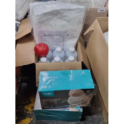 1088 - A box of mixed sealed PPE gear including boxes of disposable face masks, fifty isolation gowns and b... 