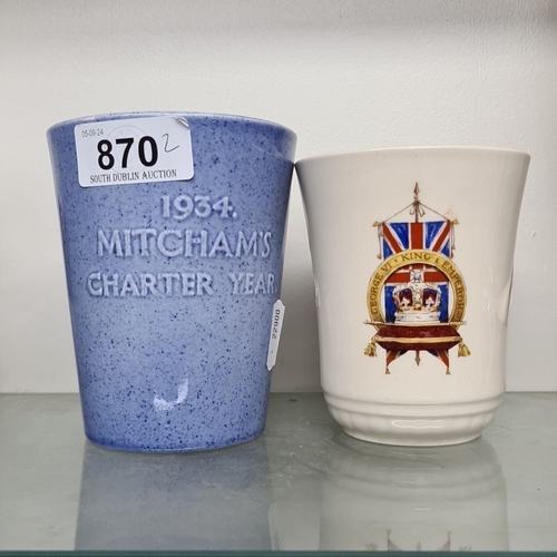 1103 - Two commemorative mugs: a 1934 Mitcham's Charter Year blue mug and a 1937 George VI Coronation cream... 