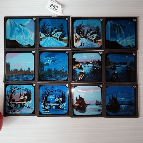 1105 - Twelve antique magic lantern Coloured Night and Day Slides featuring Narrative nautical scenes. Beau... 