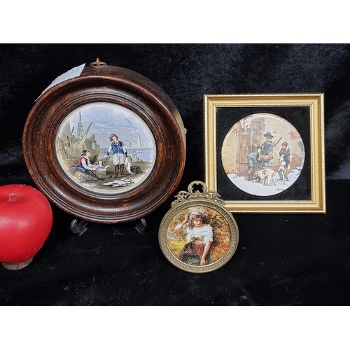 575 - Three miniature prints. Including a beautiful round ceramic print tile titled 