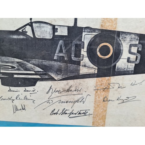 884 - Star Lot : An original print of a Spitfire aircraft, featuring multiple hand signed signatures of sp... 